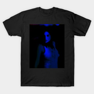 Portrait, digital collage, special processing. Disturbed woman, looking on us. Beautiful. Blue light line. T-Shirt